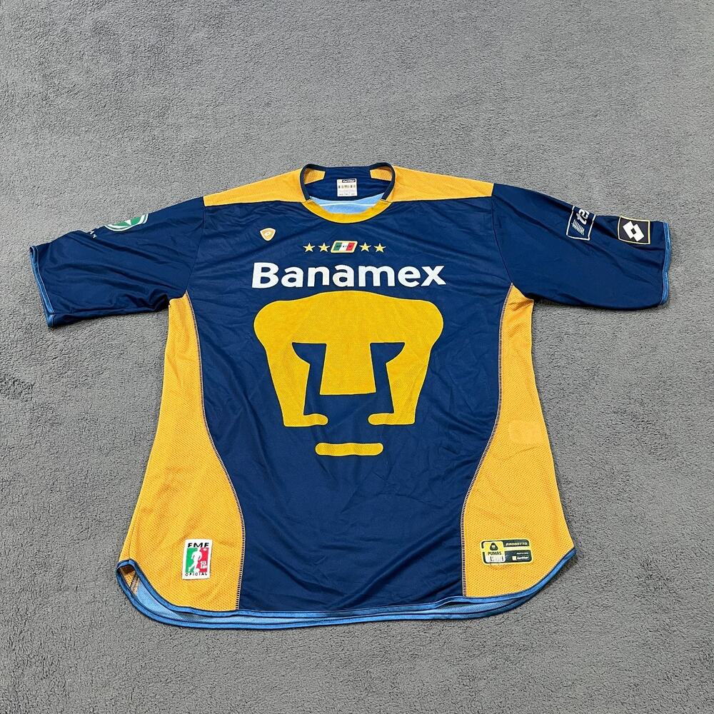 Vintage Lotto Pumas UNAM Navy Blue Gold Banamex Pepsi Soccer Jersey Men's Sz XL